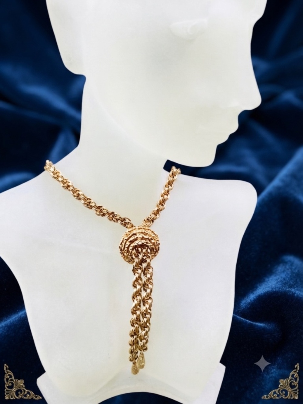Necklace Vintage Gold Tone Textured Knot Rope Chain Lariat Statement Piece